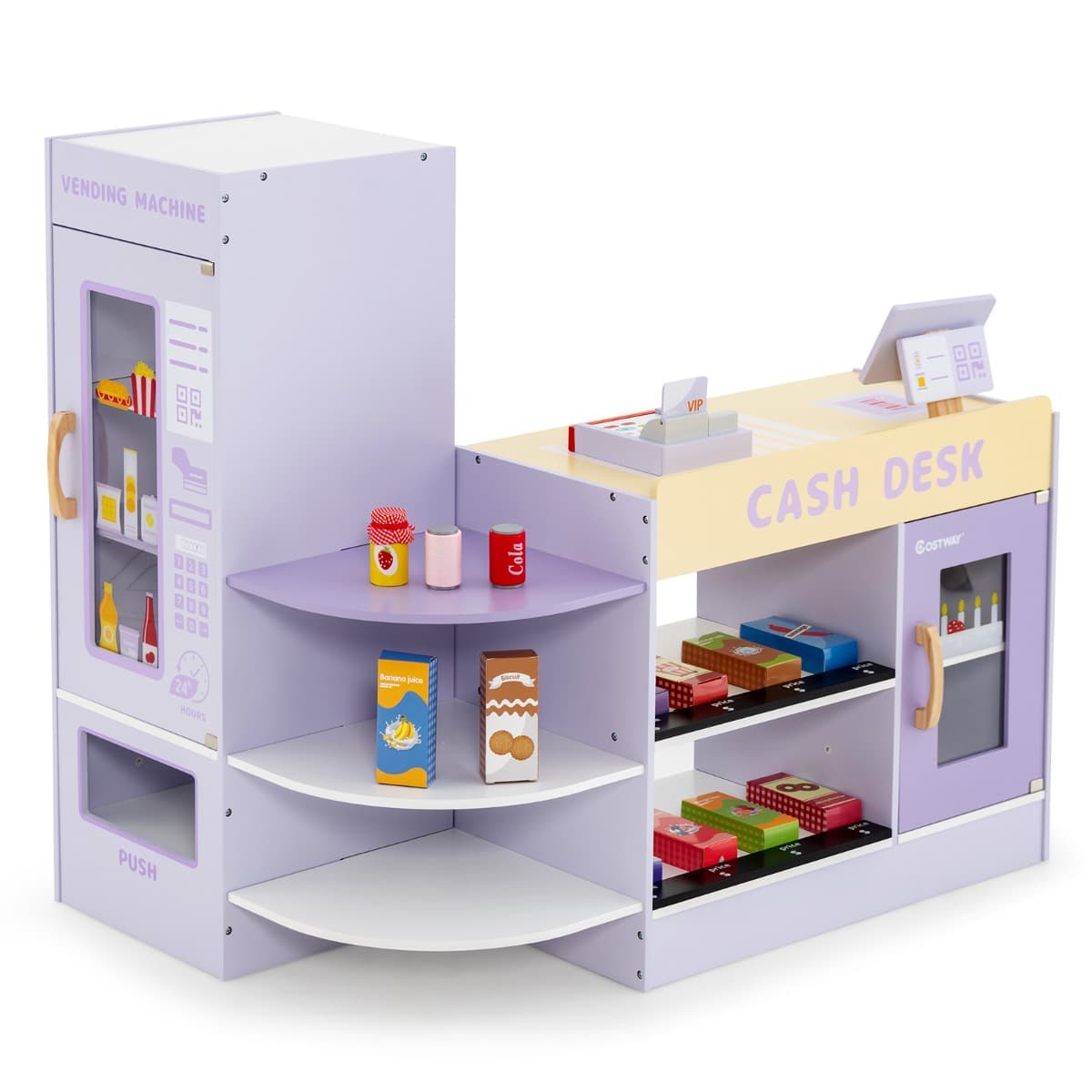 CostwayEnsemble de Jeu de Supermarché en Bois Autoportant pour Enfants Tableau Noir Caisse Enregistreuse Distributeur Automatique pour 3 à 8 Ans