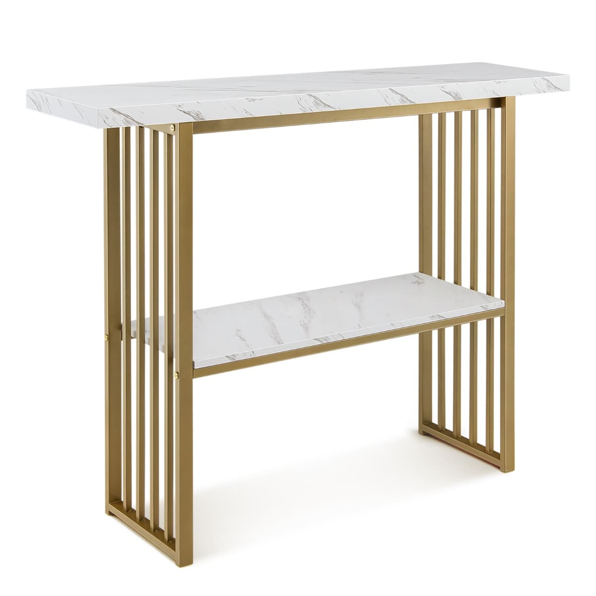 Table Console Effet Marbre 2 Niveaux 120 x 29,5 x 92,5 cm (L x l x H) Cadre en Métal Doré Style Scan