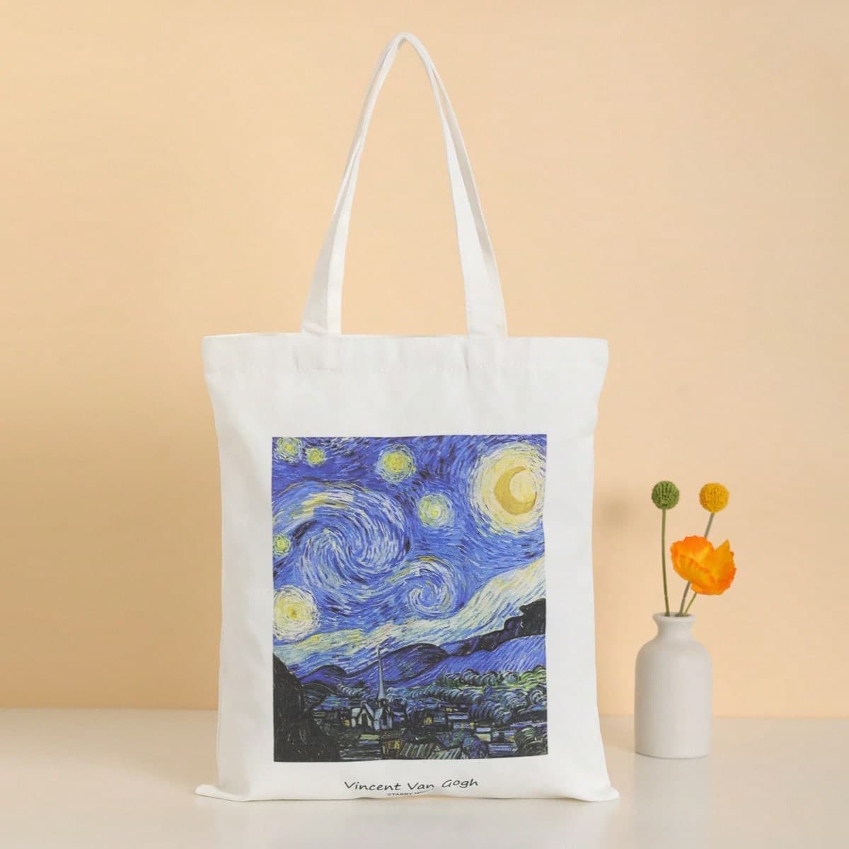 Sac D'achats Graphiques Artistiques De Peinture À L'huile De Nuit Étoilée, Style Décontracté, Réutilisable, À Double Poignée Pour Étudiants
