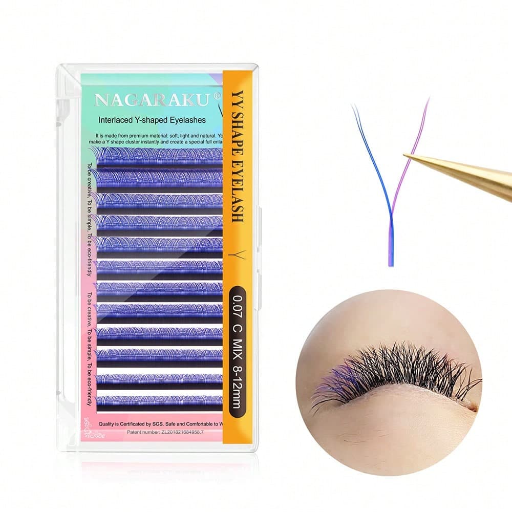 1 pièce NAGARAKU Extensions de cils YY Shape Bleu Violet Ondulé 4D Préfabriqué Volume Cils Moelleux Naturel 12 Lignes Faux Cils Mink Naturels