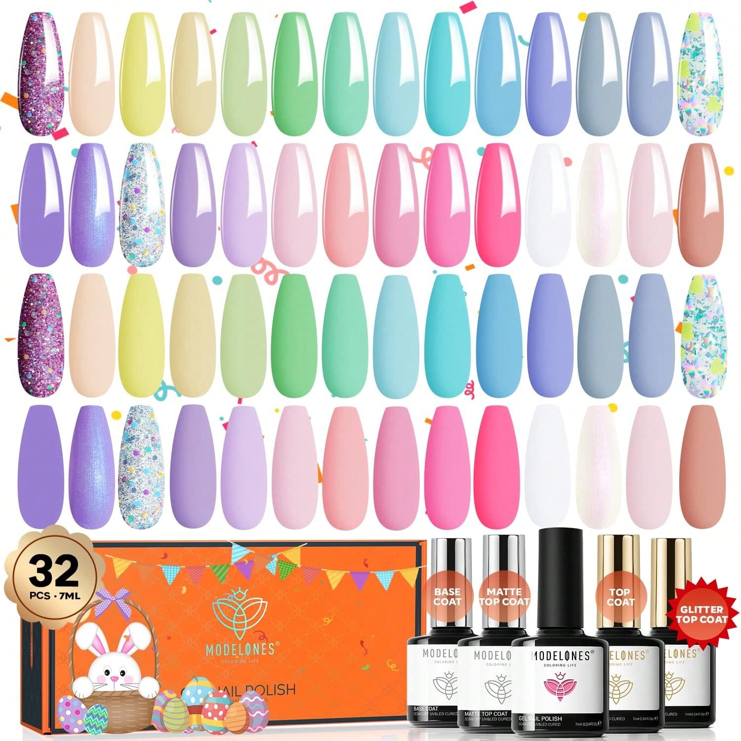 Modelones Vernis Semi Permanent 32Pcs, 28 Couleurs Macaron Pastel Vernis à Ongles Gel Semi Permanent avec Base et 3 Brillant&Matt&Pailleté Top Coat,