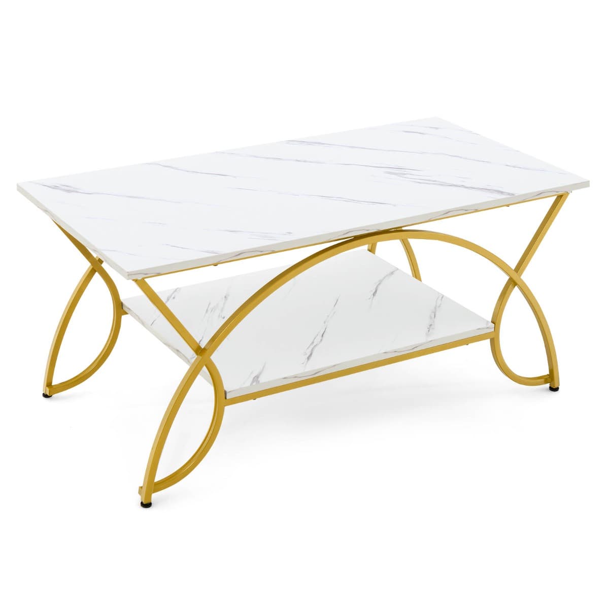 Table Basse Rectangulaire à 2 Niveaux Sytle Moderne en Faux Marbre et Métal Doré 100 x 50 x 45 cm po